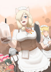  &gt;_&lt; +_+ 6+girls :&lt; :d ^_^ alpaca_ears alpaca_suri_(kemono_friends) alternate_costume animal animal_ears apron bare_arms black_hair blonde_hair blue_eyes breasts brown_dress bubble_tea buttons closed_eyes closed_mouth collared_shirt commentary_request creator_connection crossover cup dress drink dutch_angle enmaided feeding feline food fox_ears frills green_hair grey_hair hair_over_one_eye hands_up highres holding horizontal_pupils john_(a2556349) kaban_(kemono_friends) kemono_friends kemurikusa looking_at_another looking_at_viewer looking_to_the_side maid maid_apron maid_headdress medium_breasts medium_hair mug multicolored_hair multiple_girls neck_ribbon notepad open_mouth pancake pancake_stack pen red_hair red_ribbon red_sweater ribbon rina_(kemurikusa) serval serval_(kemono_friends) shirt shoebill_(kemono_friends) short_hair short_sleeves smile solo_focus sweater swept_bangs tibetan_fox_(kemono_friends) tray tsurime turtleneck turtleneck_sweater two-tone_hair underbust waist_apron white_apron white_hair white_shirt wing_collar yellow_eyes 