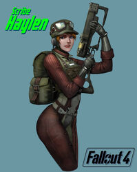  absurdres backpack bag blonde_hair blue_eyes breasts character_name copyright_name cowboy_shot earphones energy_gun energy_weapon fallout_(series) fallout_4 female goggles goggles_on_headwear hat haylen_(fallout) highres laser_rifle lips military military_uniform short_hair uniform weapon zamash 