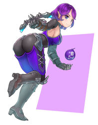  armor ass bent_over black_bodysuit bodysuit bomb boots breasts closed_mouth crossbow explosive female from_behind full_body greaves hand_up himeshaga holding holding_weapon knee_boots looking_at_viewer looking_back medium_breasts paladins pink_background pointy_ears purple_eyes purple_hair short_hair skull_and_crossbones skull_print skye_(paladins) smile solo thighhighs weapon white_background 