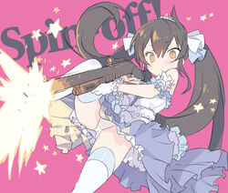  bare_shoulders black_hair blade_(galaxist) blue_ribbon blue_skirt blush brown_eyes closed_mouth commentary_request english_text female firing gloves gun hair_between_eyes hair_ribbon holding holding_gun holding_weapon idolmaster idolmaster_cinderella_girls knee_up long_hair matoba_risa mossberg_500 panties photoshop_(medium) pink_background pump_action ribbon shirt shotgun simple_background skirt solo star_(symbol) starry_sky_bright_(idolmaster) thighhighs tiara twintails underwear very_long_hair weapon white_gloves white_panties white_ribbon white_shirt white_thighhighs 