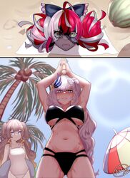  3girls anya_melfissa bikini black_bikini black_bow blush bow breasts cleavage colored_skin disembodied_head double_bun food fruit green_eyes grey_hair grey_skin hair_bun hairbow heterochromia highres hololive hololive_indonesia holoro kureiji_ollie kureiji_ollie_(1st_costume) medium_breasts multicolored_hair multiple_girls navel one-piece_swimsuit palm_tree parted_lips pavolia_reine red_hair rlus smile stitched_face stitches stomach streaked_hair suikawari swimsuit tree underboob virtual_youtuber watermelon white_one-piece_swimsuit yellow_eyes 