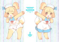  3_toes 5_fingers animal_crossing anthro barefoot bottomwear breasts canid canine canis clothed clothing digital_media_(artwork) domestic_dog dress feet female fingers fully_clothed hotpants isabelle_(animal_crossing) mammal midriff multiple_outfits nintendo one_eye_closed pawpads sailor_hat sailor_uniform shaded shih_tzu shorts slightly_chubby slightly_chubby_female smile smiling_at_viewer solo toes toy_dog wink yokikana_yk 