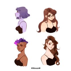  4girls alternate_costume alternate_hair_length alternate_hairstyle animification artist_name asymmetrical_hair black_tank_top breasts brown_eyes cleavage colored_skin commentary dark-skinned_female dark_skin english_commentary glasses long_hair medium_breasts mei_(overwatch) mole mole_under_eye multiple_girls overwatch overwatch_1 purple_hair purple_skin short_hair sidecut smile sombra_(overwatch) spaghetti_strap tank_top tracer_(overwatch) undercut vicki_tsai widowmaker_(overwatch) 