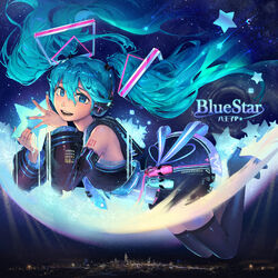  aqua_eyes aqua_hair blue_nails blue_star_(vocaloid) boots chinese_commentary city_lights commentary_request creator_name cytus cytus_ii detached_sleeves female flying hatsune_miku headphones highres holding holding_star long_hair looking_at_viewer necktie night night_sky open_mouth rubylovedraw sky skyline smile solo star_(symbol) tattoo thigh_boots thighhighs twintails very_long_hair vocaloid 