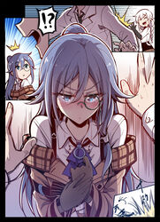  !? 1boy 2girls ascot blue_eyes blue_hair blush braid braided_ponytail brown_gloves brown_jacket brown_sleeves captain_(honkai_impact) chinese_commentary commentary_request detective fei_luo_mao fu_hua fu_hua_(hawk_of_the_fog) fu_hua_(valkyrie_accipiter) gloves grey_hair high_ponytail highres honkai_(series) honkai_impact_3rd jacket kabedon kiana_kaslana kiana_kaslana_(valkyrie_ranger) long_hair long_sleeves monocle multiple_girls off_shoulder official_alternate_costume open_clothes open_jacket photoshop_(medium) ponytail punching purple_ascot pushing shirt white_shirt 