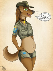  anthro belly big_belly breasts canid canine canis clothing collar dialogue domestic_dog female geckoguy123456789 hat headgear headwear kraken_(artist) looking_at_viewer mammal navel pregnant pregnant_anthro pregnant_female solo speech_bubble swedish swedish_text text translated uniform 