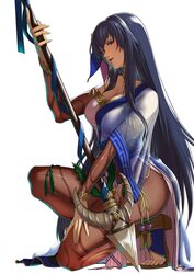  aduti_momoyama alternate_costume black_hair breasts detached_collar detached_sleeves dress female fire_emblem fire_emblem:_the_blazing_blade fire_emblem_heroes full_body gold_trim high_heels highres holding holding_polearm holding_weapon karla_(fire_emblem) karla_(hatari)_(fire_emblem) large_breasts long_hair official_alternate_costume pantyhose polearm see-through see-through_sleeves single_bare_shoulder spear strapless strapless_dress toeless_footwear toeless_legwear weapon white_background 