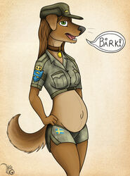  anthro belly big_belly breasts canid canine canis clothing collar dialogue domestic_dog female geckoguy123456789 hat headgear headwear kraken_(artist) looking_at_viewer mammal navel pregnant pregnant_anthro pregnant_female solo speech_bubble swedish_text text uniform 