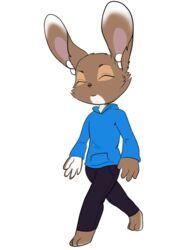  alpha_channel anthro barefoot casual_clothing clothed clothing content_smile earbuds electronics feet headphones jake_thumpings lagomorph leporid male mammal monotone_earbuds monotone_headphones paws quirky-middle-child rabbit solo sweater topwear walking white_earbuds white_headphones white_paw 