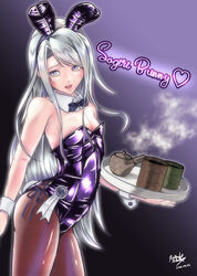  alternate_costume animal_ears asymmetrical_bangs black_background bow bowtie breasts brown_pantyhose character_name cowboy_shot cup detached_collar fake_animal_ears female goushougun-sensei grey_hair highres kantai_collection leotard long_hair pantyhose playboy_bunny purple_background purple_bow purple_bowtie purple_eyes purple_leotard rabbit_ears rabbit_tail sagiri_(kancolle) side_handle_teapot small_breasts solo steam swept_bangs tail teapot tray wrist_cuffs yunomi 