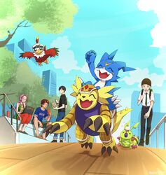  anthro armadillomon bandai_namco brown_hair city cody_hida davis_motomiya digimon digimon_(species) female feral flying gdn0522 group hair hawkmon human inoue_miyako ken_ichijouji male mammal necktie outside purple_hair running smile veemon wormmon 