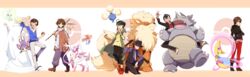  6+boys :d aipom ankh_(ooo) arcanine blush briefs carrying celebi cresselia crossover dual_persona fedora ghost hat hidari_shoutarou highres hino_eiji holding holding_poke_ball hood hoodie jumpluff kamen_rider kamen_rider_fourze_(series) kamen_rider_gaim_(series) kamen_rider_ooo_(series) kamen_rider_w kamen_rider_wizard_(series) kazuraba_kouta kisaragi_gentarou looking_at_viewer male_underwear multiple_boys necktie on_one_knee open_mouth philip_(kamen_rider) piggyback poke_ball poke_ball_(basic) poke_ball_symbol pokemon pokemon_(creature) pompadour rhydon scarf smile souma_haruto standing sylveon underwear yoshino_(gunform) 