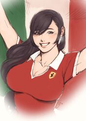  absurdres black_hair breasts cleavage collarbone collared_shirt earrings female ferrari final_fantasy final_fantasy_vii freeglass hair_behind_ear highres italian_flag italian_senate_porn_livestream_(meme) jewelry large_breasts looking_at_viewer meme red_shirt shirt smile solo tifa_lockhart upper_body 