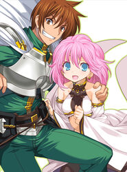  1boy armor bare_shoulders belt blue_eyes breastplate breasts brown_eyes brown_hair commentary_request earrings female grin hand_on_another&#039;s_shoulder highres jewelry medium_breasts onono_imoko open_mouth outline photoshop_(medium) pink_hair rance rance_(series) short_hair sill_plain smile white_background 