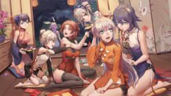  6+girls 791_(meiyuewudi) alternate_costume animal_ears barefoot black_hair black_legwear blue_eyes blue_hair blush breasts bronya_zaychik brown_eyes brown_hair china_dress chinese_clothes closed_mouth commentary_request dress drill_hair facing_away flower fox_ears fu_hua fu_hua_(blue_swallow) fu_hua_(valkyrie_accipiter) grey_eyes grey_hair hair_flower hair_ornament honkai_(series) honkai_impact_3rd indoors kiana_kaslana large_breasts looking_at_another multiple_girls murata_himeko official_alternate_costume open_mouth purple_hair raiden_mei seiza short_hair sitting small_breasts smile teeth theresa_apocalypse theresa_apocalypse_(valkyrie_pledge) thighhighs twin_drills yae_sakura 