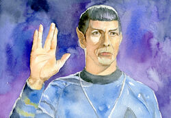  1boy alien black_hair blue_background commentary expressionless eyebrows graphite_(medium) highres kure-syuh leonard_nimoy male_focus painting_(medium) photoshop_(medium) pointy_ears salute science_fiction solo spock star_trek star_trek_the_original_series starfleet_uniform traditional_media uniform vulcan vulcan_salute watercolor_(medium) 