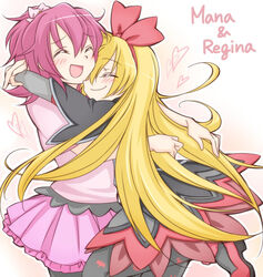  2girls :d aida_mana animal_print arms_around_neck bat_print black_legwear blonde_hair blush character_name closed_eyes commentary_request couple dokidoki!_precure hairband half_updo happy heart hug jappo long_hair multiple_girls open_mouth pantyhose pink_hair pink_shirt precure print_pantyhose red_ribbon regina_(dokidoki!_precure) ribbon shirt short_hair smile yuri 