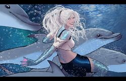  air_bubble animal aquaman_(series) back blue_eyes breasts bubble commentary dc_comics dolphin dolphin_(dc) english_commentary female grin happy long_hair medium_breasts ponytail scales smile solo stjepan_sejic teeth toon_(style) torn_clothes underwater western_comics_(style) white_hair 