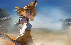  animal_ears bangs bare_shoulders blonde_hair blue_sky bow bowtie breasts cloud day eyebrows_visible_through_hair female fog gloves hair_between_eyes kemono_friends looking_at_viewer outdoors pov reaching_out savannah serval_(kemono_friends) serval_ears serval_print serval_tail short_hair sky sleeveless smile solo summergoat tail teeth thighhighs tree wind wind_lift yellow_eyes 