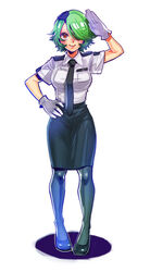  blush breasts commentary_request eyepatch female full_body gloves green_hair hair_over_one_eye large_breasts necktie okada_(hoooojicha) otonashi_kiruko pantyhose pencil_skirt police police_uniform policewoman salute shinmai_fukei_kiruko-san short_hair simple_background skirt smile solo uniform white_background white_gloves 