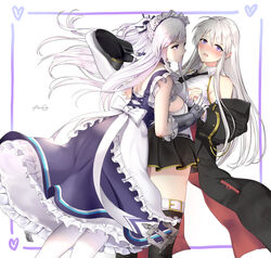  2girls apron au11 azur_lane belfast_(azur_lane) belt black_belt black_coat black_necktie blush braid breasts broken broken_chain chains coat collar commentary enterprise_(azur_lane) french_braid frilled_apron frilled_gloves frills gloves hat highres large_breasts long_hair maid maid_apron maid_headdress military_hat multiple_girls necktie open_clothes open_coat pantyhose peaked_cap pleated_skirt purple_eyes shirt skirt sleeveless sleeveless_shirt symbol-only_commentary thighhighs underbust white_apron white_hair white_headwear yuri 