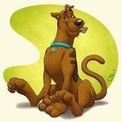  1:1 2016 canid canine canis collar collar_only dog_food dog_treat domestic_dog feral food_in_mouth fur great_dane half-closed_eyes hanna-barbera head_turned looking_away male mammal mastiff molosser narrowed_eyes nude paws pet_food raised_tail scooby-doo scooby-doo_(series) signature sitting smile solo tail teaselbone 