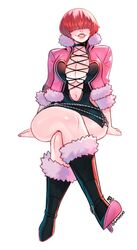  boots breasts cleavage cleavage_cutout clothing_cutout cropped_jacket crossed_legs eymbee female full_body fur_trim hair_over_eyes high_heels large_breasts leotard lips lipstick makeup miniskirt red_hair shermie_(kof) skirt smile solo the_king_of_fighters the_king_of_fighters_xv 