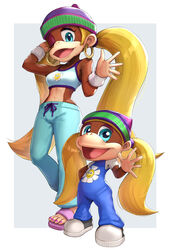  2021 absurd_res age_difference alternative_fashion amekaji anthro ape arm_support athletic barefoot beanie big_head blonde_hair blue_eyes bottomwear breasts brown_body brown_fur clothing crop_top donkey_kong_(series) donkey_kong_64 duo ear_piercing ear_ring feet female footwear fur ganguro_(fashion) gesture gonzarez1938 gyaru hair haplorhine hat headgear headwear hi_res hoop_ear_ring j-fashion kong long_hair looking_at_viewer looking_back mammal medium_breasts midriff nintendo one_eye_closed pants piercing primate ring_piercing sandals shirt shoes simple_background smile square_crossover sweatpants tank_top tiny_kong topwear twintails waving waving_at_viewer white_background wink y2k_(fashion) 