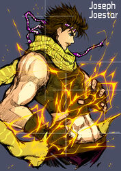  1boy abs absurdres bare_shoulders battle_tendency blue_eyes brown_hair crop_top electricity fingerless_gloves fxdjia1995 gloves green_scarf hamon headband highres jojo_no_kimyou_na_bouken joseph_joestar joseph_joestar_(young) male_focus midriff profile scarf solo striped_clothes striped_scarf tight_top triangle_print vertical-striped_clothes vertical-striped_scarf yellow_scarf 