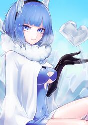  animal_ears blue_background blue_dress blue_eyes blue_hair breasts closed_mouth coat commentary_request dress expressionless fake_animal_ears female fire_emblem fire_emblem_heroes hairband heart-shaped_gem highres ice long_hair medium_breasts nifl_(fire_emblem) sitting solo sparkle toso_ztak upper_body white_coat 