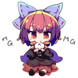  :t baozi black_shirt blue_bow bow cape chibi dumpling eating female food full_body hairbow isu_(is88) mg_mg red_eyes red_hair red_skirt sekibanki shirt short_hair simple_background sitting skirt solo touhou white_background 