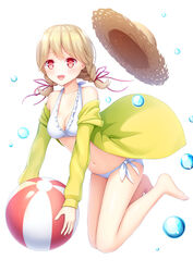  ball bare_shoulders barefoot beachball bikini blonde_hair braid breasts female french_braid frilled_bikini frills full_body hair_ribbon halterneck hat highres iwamoto_sora jacket jumping kogara_toto looking_at_viewer lupinus_virtual_games medium_breasts navel off_shoulder open_clothes open_jacket open_mouth red_eyes red_ribbon ribbon side-tie_bikini_bottom simple_background smile solo straw_hat swept_bangs swimsuit twin_braids virtual_youtuber vspo! water_drop white_background white_bikini yellow_jacket 