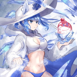  animal_ears bikini blue_bikini blue_eyes blue_hair blue_nails bowl breasts cherry cleavage cleavage_cutout closed_mouth clothing_cutout commentary_request expressionless female fire_emblem fire_emblem_heroes flower food fruit hair_flower hair_ornament highres holding holding_bowl jacket leon0630claude long_hair long_sleeves nifl_(fire_emblem) nifl_(summer)_(fire_emblem) official_alternate_costume shaved_ice snow solo swimsuit upper_body white_bikini white_headwear white_jacket 