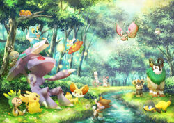  chespin commentary_request day fennekin flabebe flabebe_(red_flower) fletchling forest froakie furry genesect gogoat grass helioptile litleo mewtwo nature outdoors pikachu pokemon pokemon_(creature) prehensile_ribbon scatterbug sitting skrelp spewpa stream sylveon tree vivillon vivillon_(meadow) water yuurakusei 