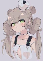  bare_shoulders blush breasts c_civciv choker cleavage cleavage_cutout clothing_cutout collarbone double_bun dress eucharist_(neural_cloud) female girls&#039;_frontline girls&#039;_frontline_neural_cloud green_eyes grey_background hair_bun hat highres light_brown_hair long_hair looking_at_viewer mini_hat sanctifiers_(neural_cloud) simple_background small_breasts smile solo twintails upper_body white_dress 