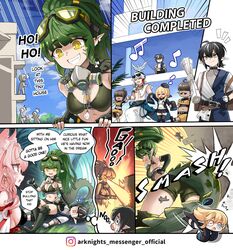  3boys 4girls animal_ears arknights bikini black_hair breasts breathing_fire cleavage crocodilian_tail crying dancing dreadlocks dreaming durin_(arknights) dwarf earrings elysium_(arknights) elysium_(shining_dew)_(arknights) english_text facial_hair fire gas_mask gavial_(arknights) gavial_the_invincible_(arknights) giant giantess goggles goggles_on_head green_hair grey_hair highres hm_(hmongt) jewelry large_breasts long_hair mask medium_hair minimalist_(arknights) moustache multicolored_hair multiple_boys multiple_girls navel nightmare official_alternate_costume official_art pink_hair pointy_ears pozyomka_(arknights) right-to-left_comic sideboob sleeping speech_bubble streaked_hair swimsuit tail wolf_ears wolf_girl 