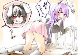  2girls absurdres all_fours animal_ears ass black_hair black_jacket blush breasts bright_pupils brown_footwear commentary_request foot_out_of_frame glue glue_trap hair_between_eyes highres inaba_tewi jacket kinese_(katasutorohu) long_hair long_sleeves looking_back medium_breasts multiple_girls one_eye_closed open_mouth pink_hair pink_skirt rabbit_ears rabbit_girl rabbit_tail red_eyes reisen_udongein_inaba shoes short_hair skirt socks star_(symbol) tail touhou translation_request very_long_hair white_pupils white_socks 