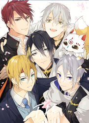  5boys absurdres aqua_eyes arm_around_neck black_gloves black_hair blonde_hair blue_eyes coma_(macaron) commentary_request fox gloves grey_eyes headband highres japanese_clothes konnosuke male_focus mikazuki_munechika multiple_boys necktie ookanehira_(touken_ranbu) open_mouth petals red_hair sayagata smile touken_ranbu tsurumaru_kuninaga upper_body white_hair yamanbagiri_chougi yamanbagiri_kunihiro yamanbagiri_kunihiro_(kiwame) yellow_eyes 