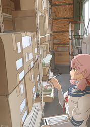  akashi_(kancolle) blue_sailor_collar box cardboard_box clipboard commentary_request female green_eyes hair_ribbon highres indoors kachi_(kachi5100) kantai_collection long_hair long_sleeves neck_ribbon oriented_strand_board pen pink_hair plywood profile red_ribbon ribbon sailor_collar scaffolding school_uniform serafuku solo storage_room tress_ribbon upper_body 