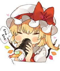  absurdres blonde_hair blush_stickers bow chibi closed_eyes commentary_request eating ehoumaki female flandre_scarlet food hat hat_bow heart highres holding holding_food long_hair makizushi mg_mg mob_cap niseneko_(mofumofu_ga_ienai) pointy_ears puffy_sleeves red_bow simple_background solo sushi tempura touhou upper_body white_background white_hat wings 