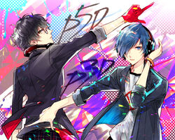  2boys amamiya_ren bad_id bad_pixiv_id black_eyes black_hair blue_eyes blue_hair bracelet copyright_name glasses gloves hair_over_one_eye headphones headphones_around_neck jewelry male_focus multicolored_background multiple_boys pants persona persona_3 persona_3:_dancing_moon_night persona_5 persona_5:_dancing_star_night persona_dancing plaid plaid_pants red_gloves shirt upper_body yellow_eyes yuu_(isis7796) yuuki_makoto_(persona_3) 