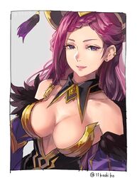  bare_shoulders braid breasts cleavage detached_collar earrings female fire_emblem fire_emblem_heroes hair_tubes hashiko_(neleven) jewelry large_breasts lips loki_(fire_emblem) purple_eyes purple_hair purple_lips solo 