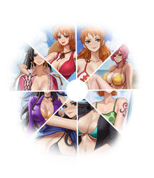  4girls amazon_warrior aqua_bikini arm_tattoo bikini black_hair blue_eyes boa_hancock breasts brown_eyes cleavage color_coordination color_wheel color_wheel_challenge earrings highres jewelry kyopink large_breasts long_hair looking_at_viewer multiple_drawing_challenge multiple_girls multiple_views nami_(one_piece) navel nico_robin one_piece orange_eyes orange_hair original pink_eyes pink_hair ponytail purple_eyes red_bikini short_hair smile snake_earrings swimsuit tattoo yellow_bikini 