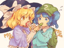  2girls aqua_shirt backpack bag beige_background bionekojita black_headwear black_vest blonde_hair blue_eyes blue_hair blush_stickers bow braid capelet commentary cucumber feeding flying_sweatdrops food green_headwear hat hat_bow holding holding_food kawashiro_nitori kirisame_marisa long_sleeves looking_at_another mg_mg mouth_hold multiple_girls mushroom shirt short_hair simple_background single_braid touhou two_side_up upper_body vest white_bow white_shirt witch_hat yellow_eyes 