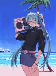  aqua_hair beach belt black-framed_eyewear black_sweater blue_eyes blue_skirt blue_sky boombox carrying_over_shoulder commentary day denim denim_skirt english_commentary female flat_chest hatsune_miku highres holding_boombox jewelry long_hair looking_at_viewer necklace ocean outdoors palm_tree pencil_skirt pink-tinted_eyewear pink_belt round_eyewear skirt sky sleeves_pushed_up smile solo standing sunglasses sweater tinted_eyewear tree turtleneck turtleneck_sweater twintails vaporwave vertigris very_long_hair vocaloid 