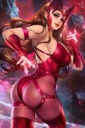  armpits ass bracer breasts earrings female fishnet_pantyhose fishnets green_eyes jewelry leotard long_hair looking_at_viewer looking_back marvel neoartcore pantyhose red_hair red_leotard red_lips scarlet_witch sideboob solo wanda_maximoff x-men 