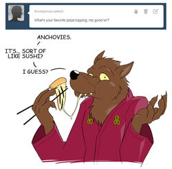  anthro anti_dev asian_clothing chopsticks clothing east_asian_clothing eating english_text food humor japanese_clothing kimono looking_at_viewer male mammal master_splinter murid murine pizza rat rodent solo teenage_mutant_ninja_turtles teenage_mutant_ninja_turtles_(1987) text tumblr_ask 