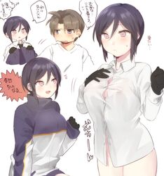  1boy :d black_gloves black_hair black_jacket black_necktie blue_eyes blush bra breasts brown_hair closed_mouth collared_shirt commentary_request dress_shirt female genderswap_(mtf) gloves hands_up heshikiri_hasebe highres holding jacket long_sleeves multiple_views naked_shirt necktie open_mouth pale_skin pink_eyes rule_63 shirt short_hair simple_background smile sweat touken_ranbu translated ttanuu. underwear white_jacket white_shirt yagen_toushirou 