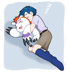  bandai_namco blue_hair claws cuddling digimon digimon_(species) duo feral gomamon hair hsnkz809 human joe_kido male mammal red_hair sleeping 