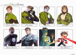  1boy armor artist_name black_armor black_bodysuit black_gloves black_lantern bodysuit brown_eyes brown_hair cape closed_mouth covered_abs dc_comics domino_mask evil_smile fire gloves green_bodysuit green_cape green_fire green_gloves green_lantern green_lantern_(series) grey_bodysuit hal_jordan highres hood hood_down hooded_cape jewelry large_pectorals looking_at_viewer male_focus mask medium_hair multicolored_hair muscular muscular_male parallax_(dc) pectorals red_bodysuit red_gloves red_lantern ring sharp_teeth short_hair smile superhero_costume teeth two-tone_bodysuit two-tone_hair white_hair yufy 